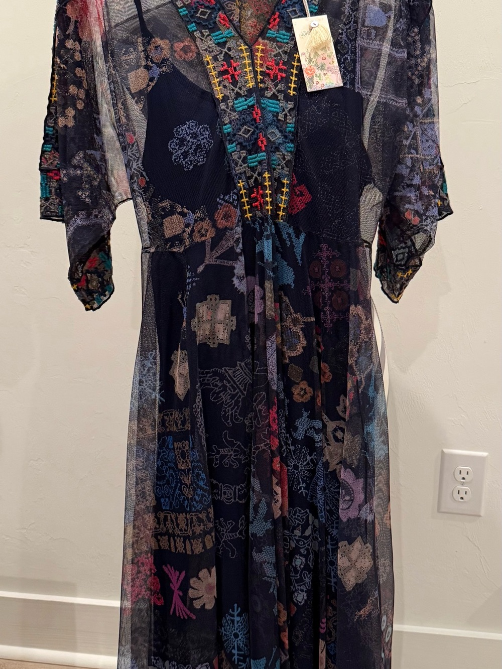 Johnny Was Elry Kaftan Mesh dress with Multicolor Embroidery